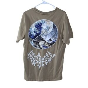 Rebel Vengeance Mens Tan Great Wave Yin Yang Graphic T-Shirt Embroidered Cotton